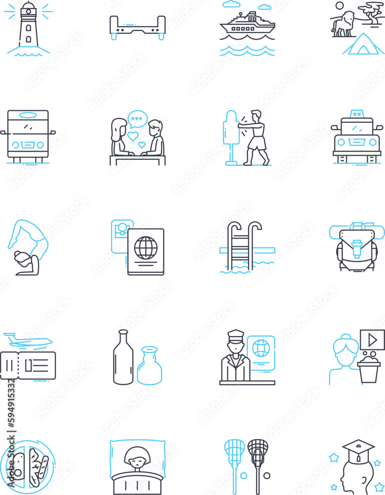 Serene state linear icons set. Tranquility, Peacefulness, Calmness, Serenity, Relaxation, Harmony, Stillness line vector and concept signs. Composure,Quietude,Placidity outline illustrations