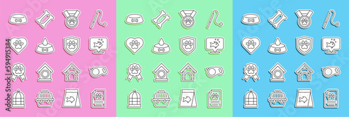 Set line Medical clinical record pet, Retractable leash, Fish, Pet award symbol, food bowl for cat dog, Heart with animals footprint, and Animal health insurance icon. Vector