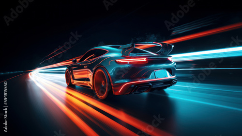 Leinwand Poster Futuristic Sports Car On Neon Highway