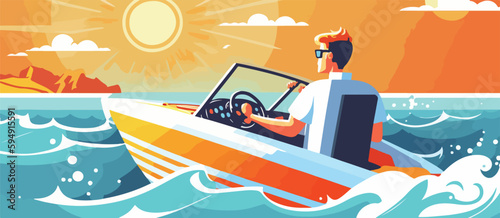 Person enjoying a light summer day out on a speedboat with the sun shining bright and waves splashing around. Flat vector summer watersport illustration concept. Gadget-free vacation