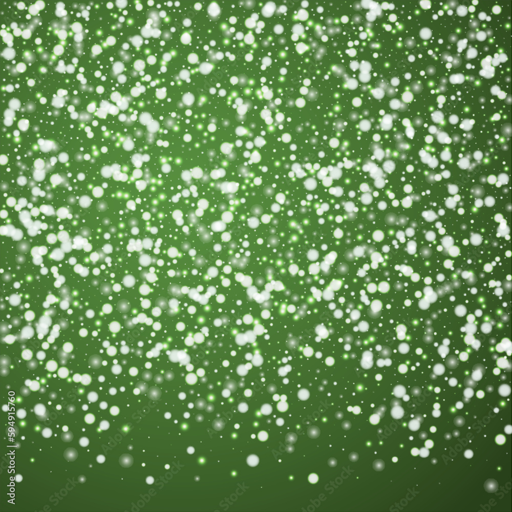 Magic falling snow christmas background. Subtle flying snow flakes and stars on christmas green background. Magic falling snow holiday scenery. Square vector illustration. Magic falling snow christmas background. Subtle flying snow flakes and stars on christmas green background. Magic falling snow holiday scenery. Square vector illustration.