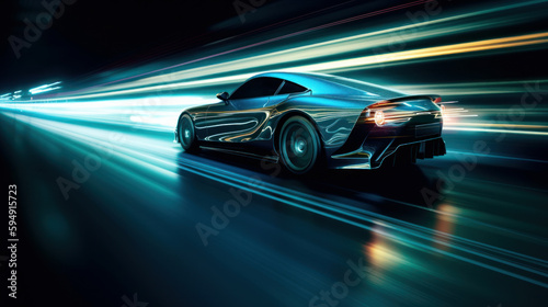 Futuristic Sports Car On Neon Highway. Powerful acceleration of a supercar with colorful lights trails. generative AI. © junghc1