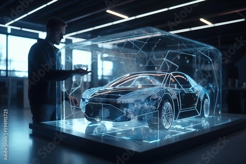 A Man Standing In Front Of A Car In A Glass Case Car Dealership Advertising Photography Automotive Design Generative AI