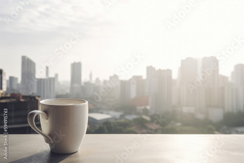 White blank coffee mug mock-up with blurry city view from high building on background. Coffe break at work in office. Copy space. Soft light. Generative AI.