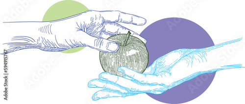 2 hands giving an apple, ethics illustration