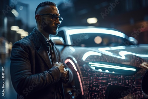 A Man In A Suit And Glasses Standing Next To A Car City Street At Night Advertising Photography Automotive Design Generative AI