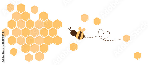 Beehive honey sign with bee cartoons and heart dot line isolated on white background vector illustration.