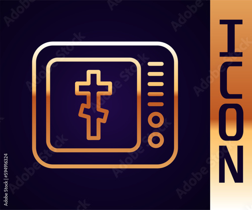 Gold line Online church pastor preaching video streaming icon isolated on black background. Online church of Jesus Christ. Vector