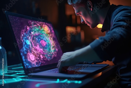A Man Is Using A Laptop Computer With A Colorful Swirl On The Screen Workshop Graphic Design Computer Graphics Generative AI