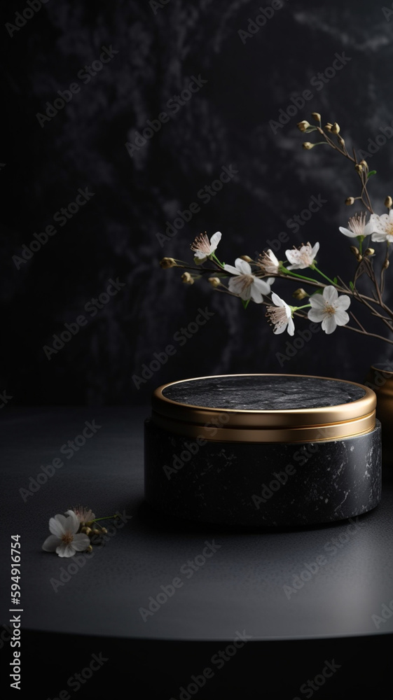 Marble Black Gold Table Top, Round Podium Pedestal, Abstract Cosmetic Beauty Background. Showcase Product Mock up Display, Back Drop, Empty Luxury Presentation Scene with Spring Flowers. Generative AI Marble Black Gold Table Top, Round Podium Pedestal, Abstract Cosmetic Beauty Background. Showcase Product Mock up Display, Back Drop, Empty Luxury Presentation Scene with Spring Flowers. Generative AI