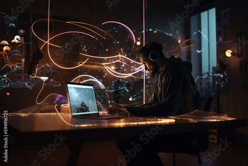 A Man Sitting At A Table With A Laptop In Front Of Him Workshop Graphic Design Video Marketing Generative AI