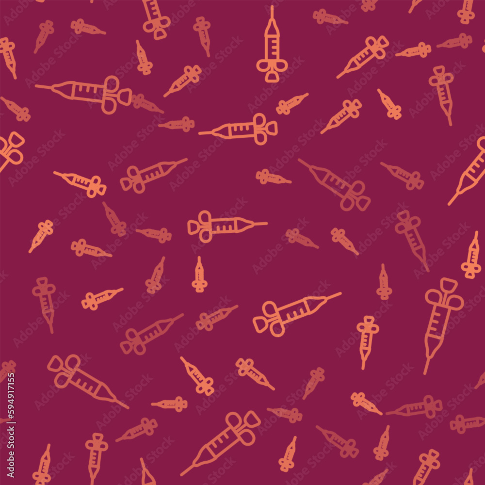 Brown line Syringe icon isolated seamless pattern on red background. Syringe for vaccine, vaccination, injection, flu shot. Medical equipment. Vector Brown line Syringe icon isolated seamless pattern on red background. Syringe for vaccine, vaccination, injection, flu shot. Medical equipment. Vector