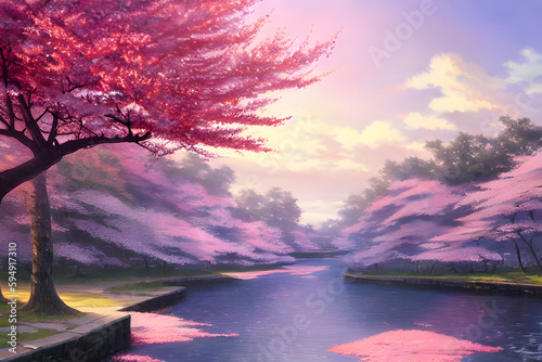 vibrant colored cherry blossom scenery background created with generative ai technology