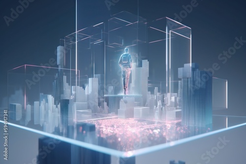 A Man Standing In A Futuristic City Surrounded By Tall Buildings And Skyscrapers Modern Urban Skyline Animation Motion Graphics Generative AI
