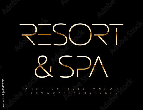 Vector chic Sign Resort and Spa. Shiny luxury Font. Gold set of Alphabet Letters and Numbers