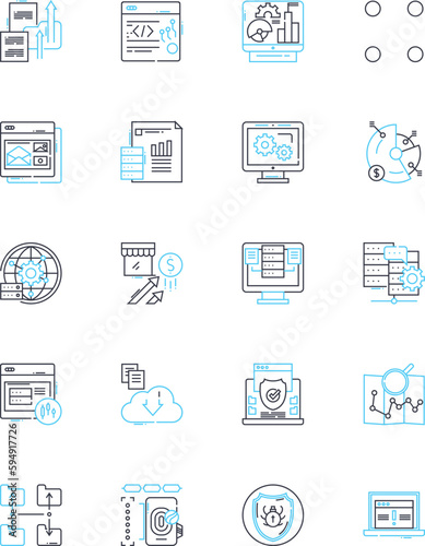 Vast data insights linear icons set. Analytics, Big data, Business intelligence, Dashboards, Insights, Machine learning, Prediction line vector and concept signs. Reporting,Visualization,Algorithms