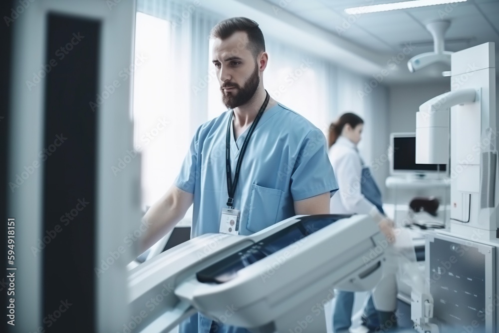 A Man In Scrubs Is Walking Through A Hospital Room With Medical Equipment Hospital Advertising Photography Medical Devices Generative AI A Man In Scrubs Is Walking Through A Hospital Room With Medical Equipment Hospital Advertising Photography Medical Devices Generative AI