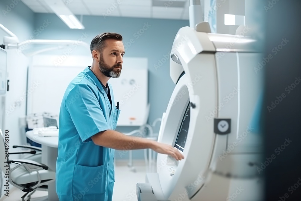A Man In Scrubs Is Looking At A Machine In A Hospital Hospital Advertising Photography Medical Devices Generative AI A Man In Scrubs Is Looking At A Machine In A Hospital Hospital Advertising Photography Medical Devices Generative AI