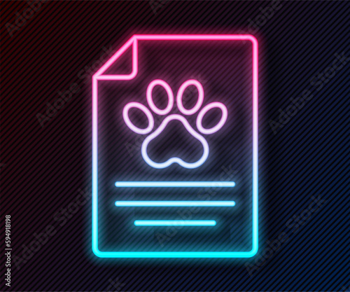 Glowing neon line Clipboard with medical clinical record pet icon isolated on black background. Health insurance form. Medical check marks report. Vector
