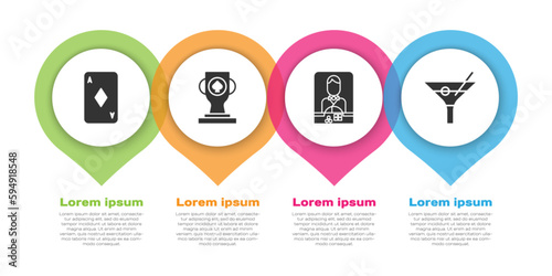 Set Playing card with diamonds, Casino poker trophy cup, Casino dealer and Martini glass. Business infographic template. Vector