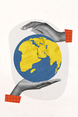 Vertical collage photo poster two arms take care of Earth planet globe symbolizing world day voluntary creative painting background