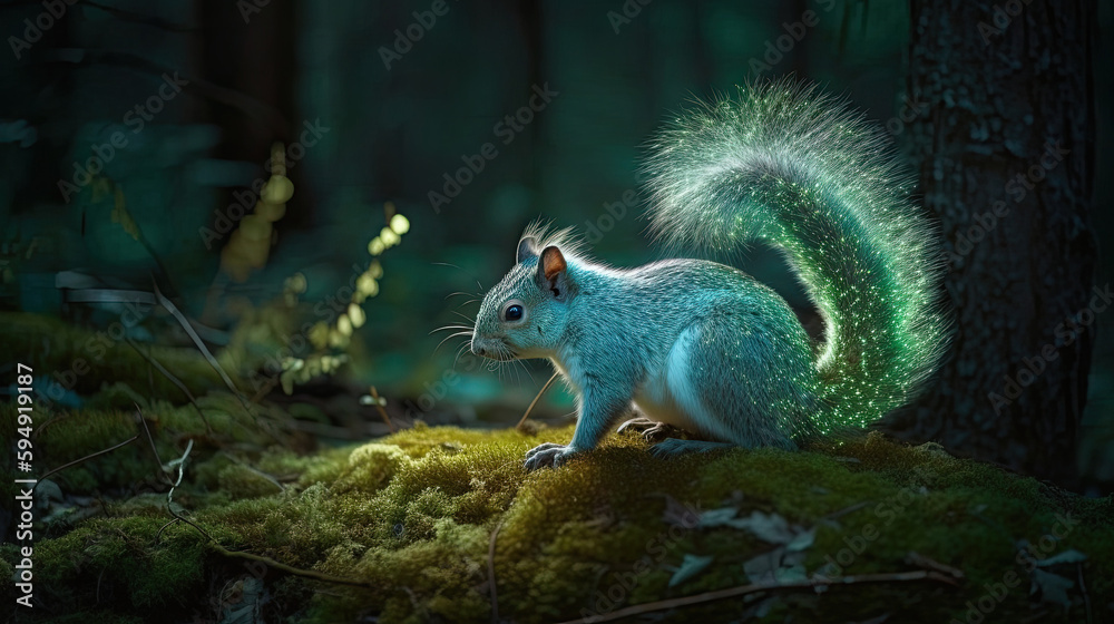 Fantasy Bioluminescent Squirrel with Lights on its Tail with Glowing Fur on Moss in a Forest, Generative AI