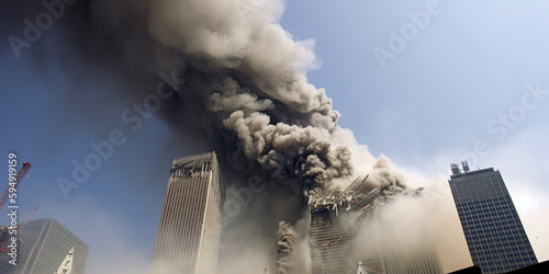 The twin towers collapsing in a devastating tragedy - Generative AI photo