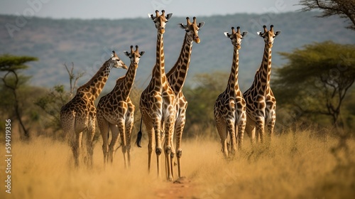 A group of giraffe on the field. Created using generative AI.