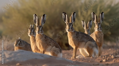 A group of black-tailed jackrabbit, natural geographic, Created using generative AI. photo