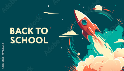 Back to school poster with flying rocket