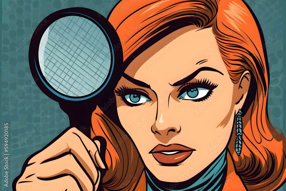 Woman Is A Detective Looking Through Magnifying Glass Search Vector Illustration In Pop Art