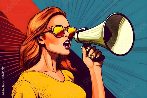 woman with megaphone. Pop art girl with megaphone. Woman with loudspeaker. Advertising poster with lady announcing discount or sale. Generative AI