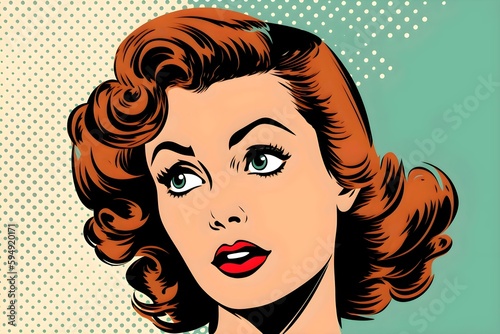 Pop art woman face, retro comic style. Advertising retro poster design. Generative AI