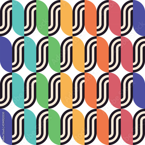 Modern Rainbow Black and White Curves Seamless Vector Repeat Pattern