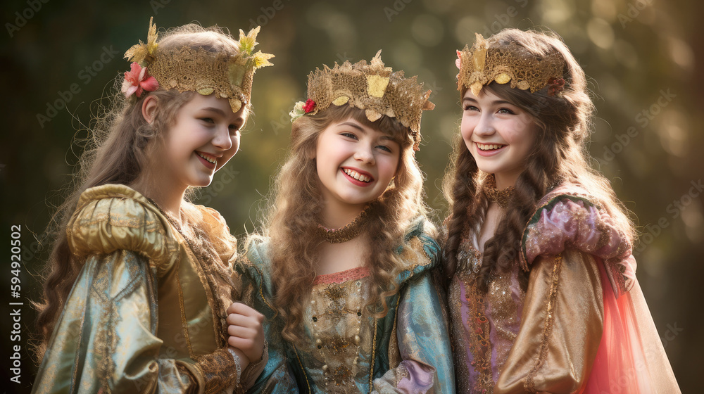 Group of Three Beautiful Young Girls Dressed in Costume at a Renaissance Fair, Generative AI