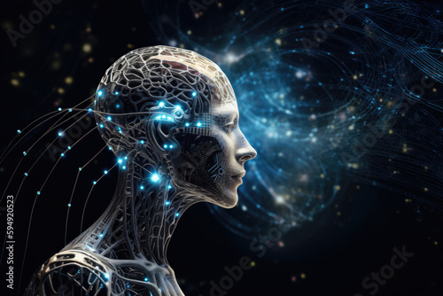 Female cyborg head, artificial intelligence concept, Generative AI