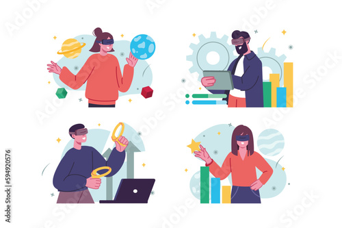 Set concept Metaverse with people scene in the flat cartoon design. People enter the virtual space with the help of digital gadgets and VR glasses. Vector illustration. © Andrey