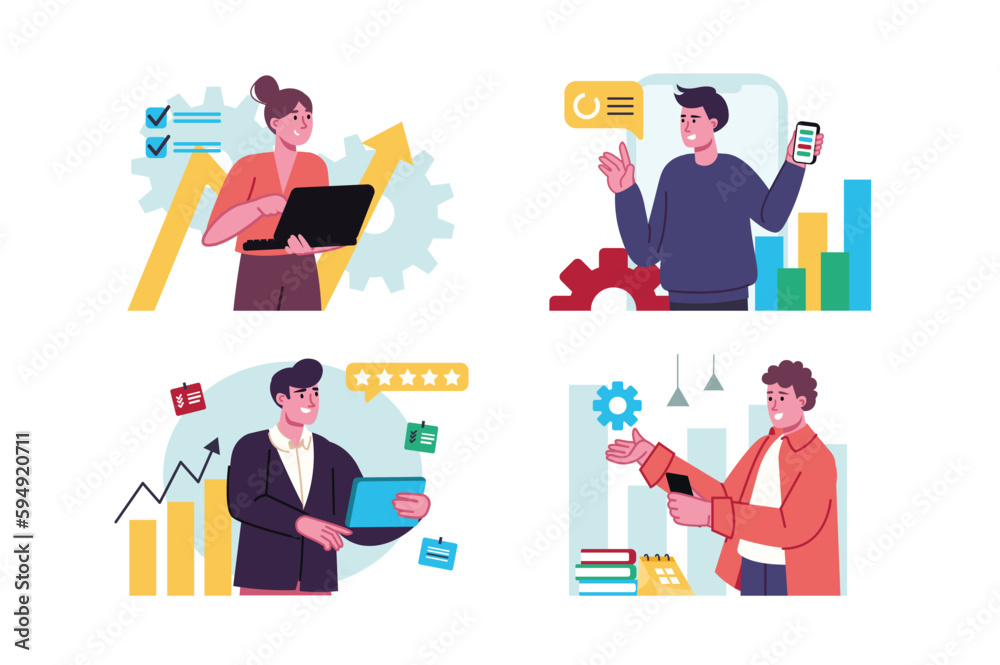 Digital business set concept with people scene in the flat cartoon design. Business people transfer all business matters to the Internet to make it easier to manage processes. Vector illustration.