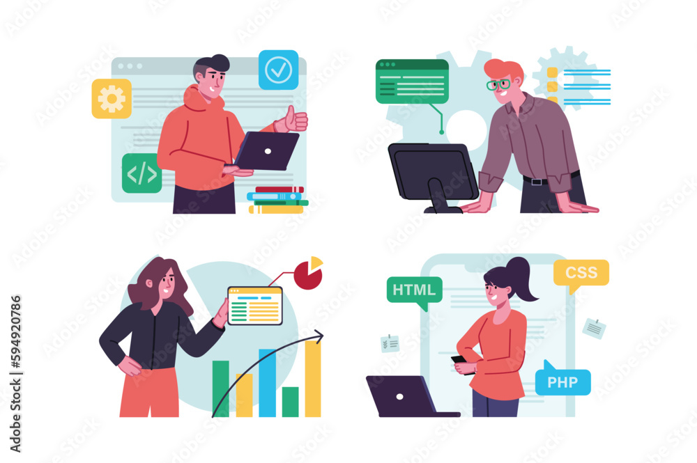 Set concept Software developers with people scene in the flat cartoon design. Team of programmers is working on improving the software. Vector illustration. Set concept Software developers with people scene in the flat cartoon design. Team of programmers is working on improving the software. Vector illustration.