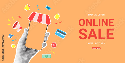 Online sale concept banner. Vector illustration with hand holding phone. Collage with paper cut elements for decoration sale events. Creative trend collage.
