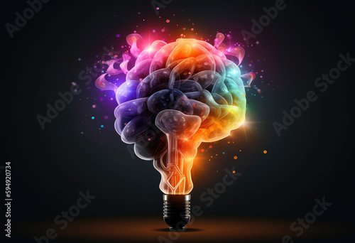 Light bulb with colorful brain on dark background, creative thinking concept, Generative AI