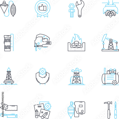 Practical solution linear icons set. Innovation, Efficiency, Streamlining, Simplification, Productivity, Optimization, Organization line vector and concept signs. Automation,Creativity,Precision