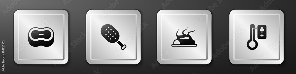 Set Bar of soap, Sauna brush, Campfire and thermometer icon. Silver square button. Vector