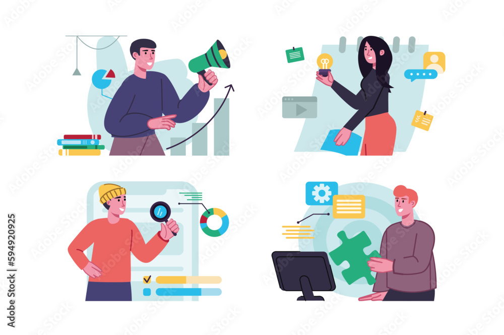 Digital marketing set concept with people scene in the flat cartoon design. Marketers work online, transferring their work to the Internet. Vector illustration.