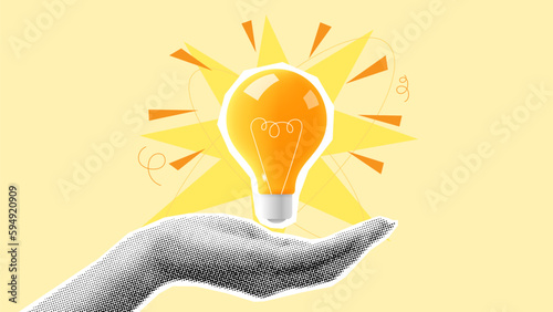 Halftone hand shows bulb. Concept of creative idea or brainstorm. Vector illustration with paper cut out elements. Retro poster or banner. Creative trend collage. photo