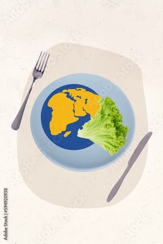 Fototapeta Naklejka Na Ścianę i Meble -  Poster banner template collage of earth picture on plate table with kitchen fork knife salad leaf celebrate natural eco vegan day