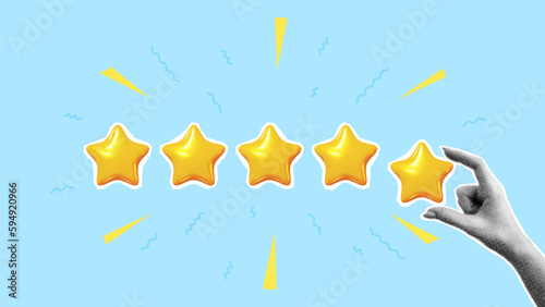 Feedback or rating concept banner. Paper cut hand holds golden star. Vector illustration. Sign of feedback or rating. Good review, supporting client service successful. Creative trend collage.