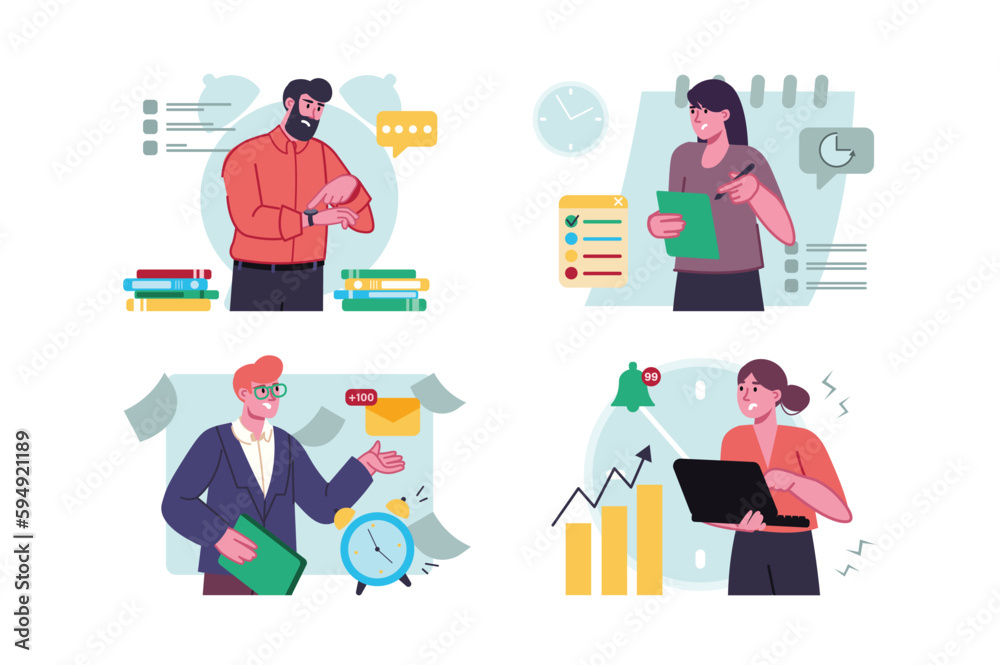 Deadline set concept with people scene in the flat cartoon style. Company employees try to complete all assigned tasks before the deadline. Vector illustration.
