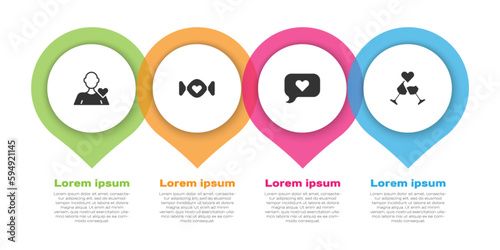 Set Romantic man, Candy, Heart in speech bubble and Glass of champagne. Business infographic template. Vector