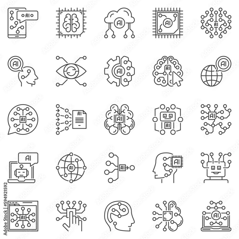 AI outline icons set - Artificial Intelligence concept vector line symbols
